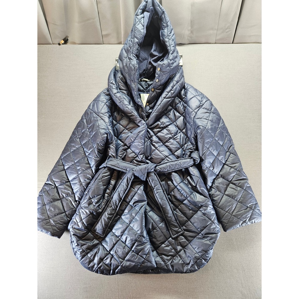 BTFBM Navy Blue Quilted Puffer Jacket Hooded Belted Diamond Quilt Coat Small NWT